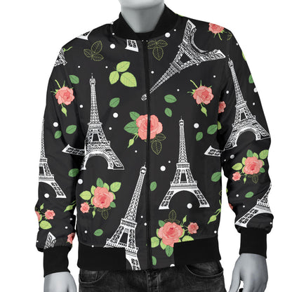 Eiffel Tower Rose Print Men Bomber Jacket