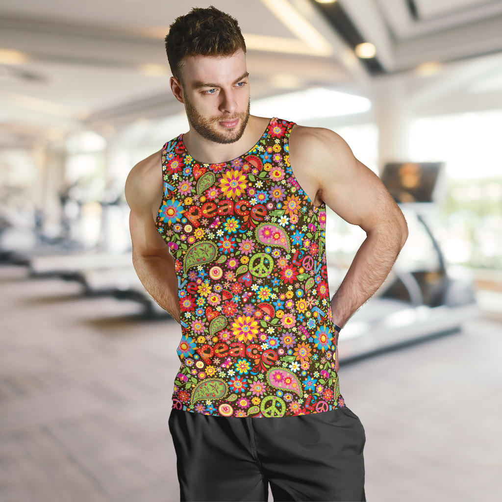 Flower Power Peace Paisley Themed Print Men Tank Top