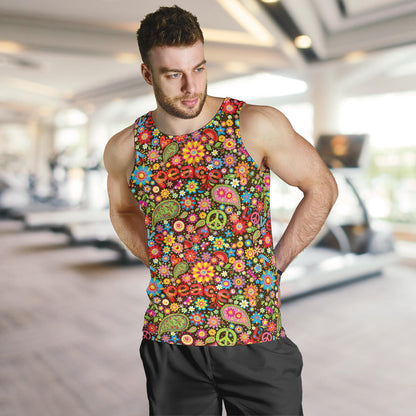 Flower Power Peace Paisley Themed Print Men Tank Top