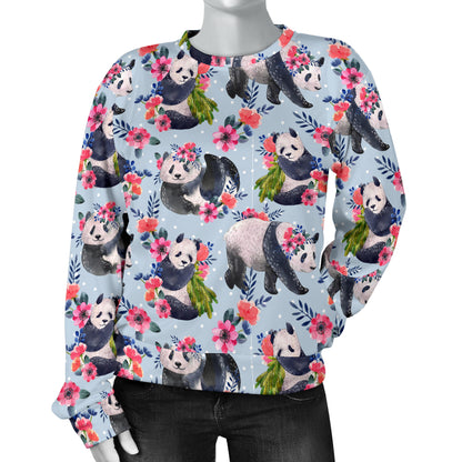 Panda Bear Flower Design Themed Print Women Long Sleeve Sweatshirt