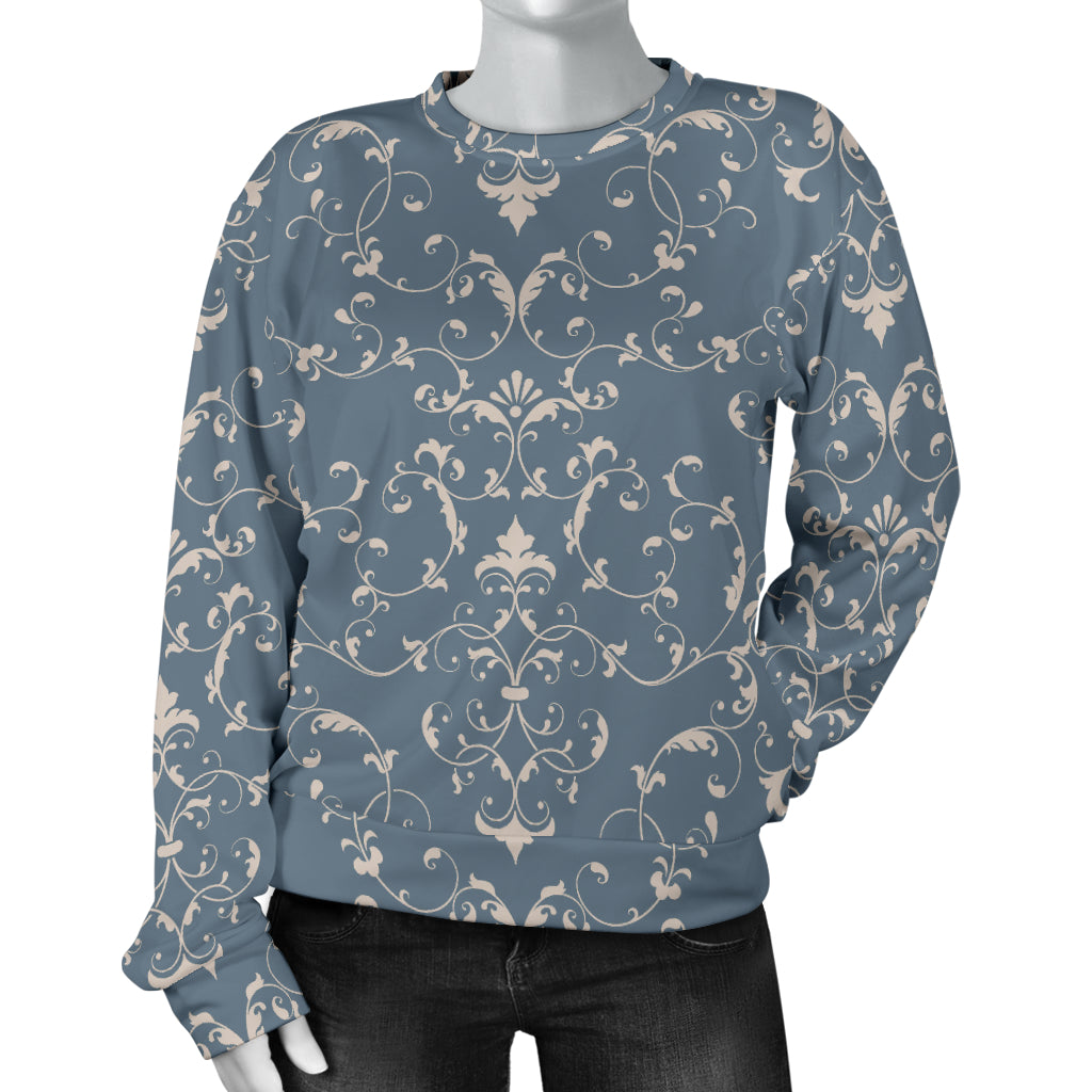 Damask Elegant Teal Print Pattern Women Long Sleeve Sweatshirt