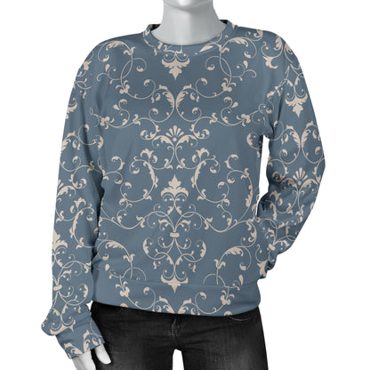 Damask Elegant Teal Print Pattern Women Long Sleeve Sweatshirt