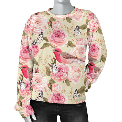Bird Butterfly Pink Flower Print Pattern Women Long Sleeve Sweatshirt