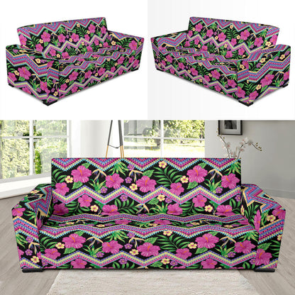 Hibiscus Pink Zigzag Line Pattern Design LKS307 Sofa Slipcover