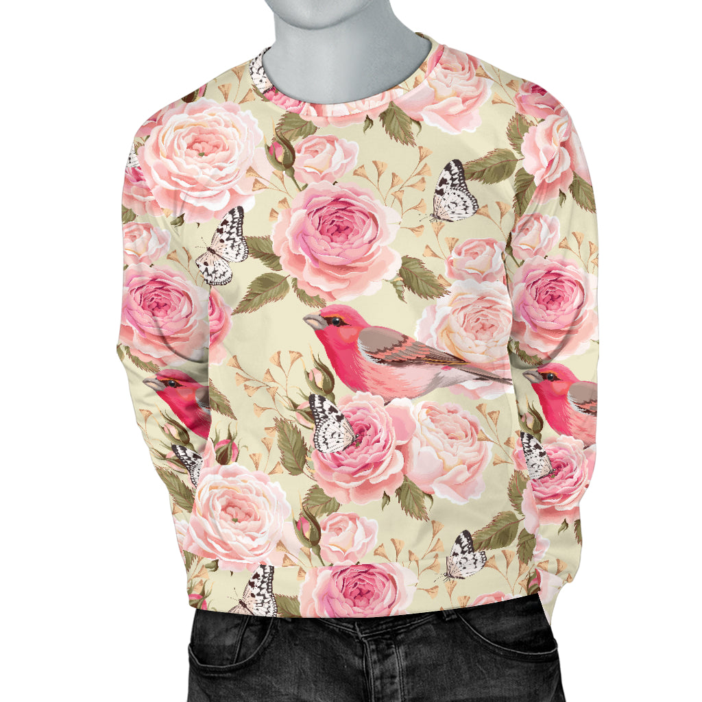 Bird Butterfly Pink Flower Print Pattern Men Long Sleeve Sweatshirt