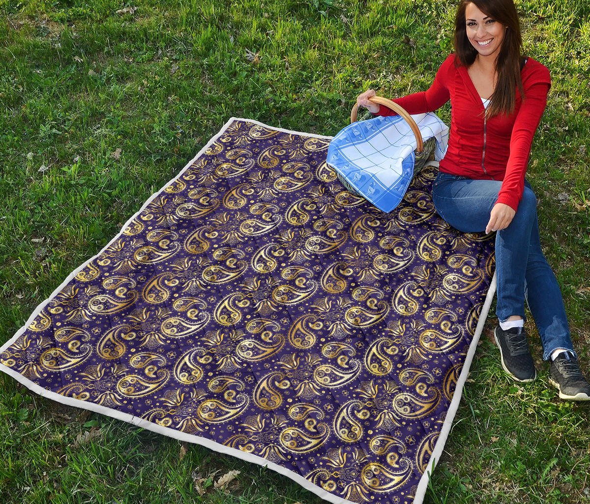 Paisley Blue Yellow Design Print Quilt Bedspread