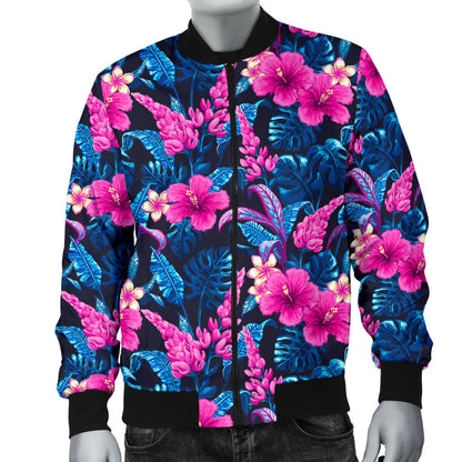 Tropical Folower Pink Themed Print Men Bomber Jacket