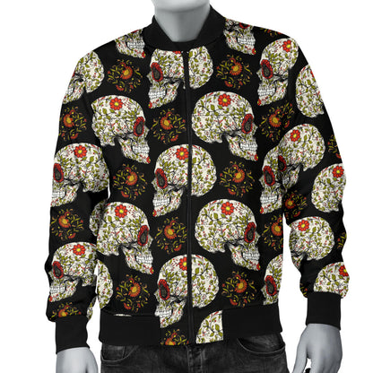 Sugar Skull Flower Design Themed Print Men Bomber Jacket