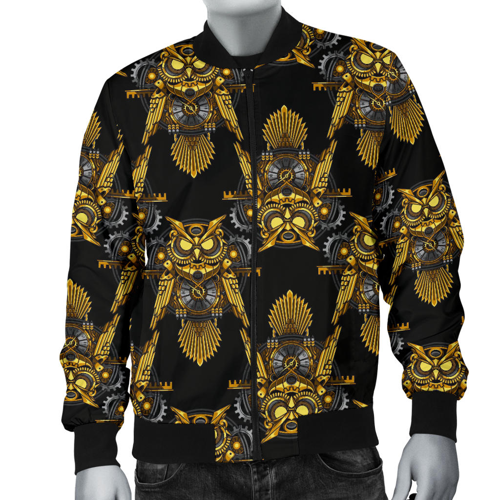 Steampunk Gold Owl Design Themed Print Men Bomber Jacket