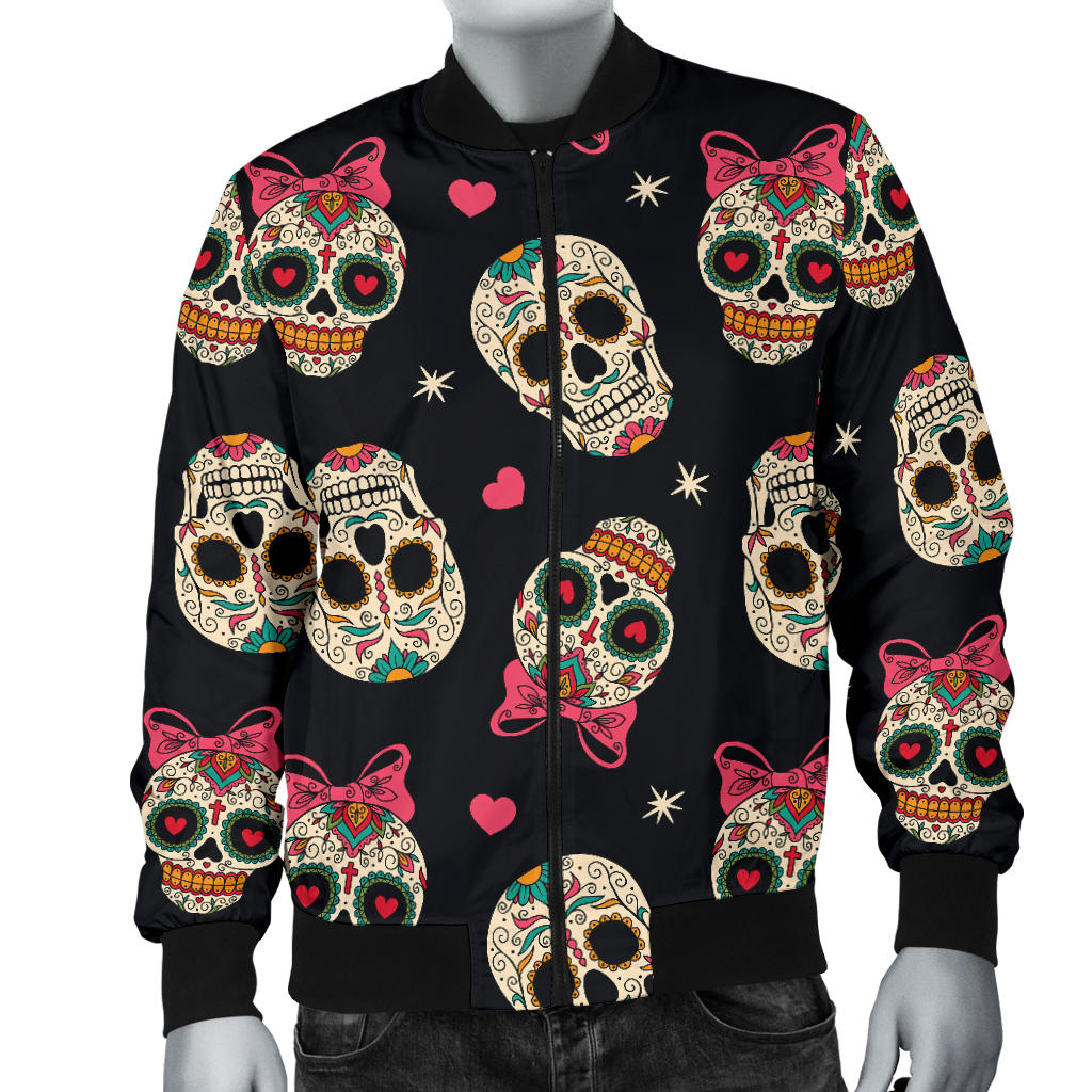 Sugar Skull Pink Bow Themed Print Men Bomber Jacket