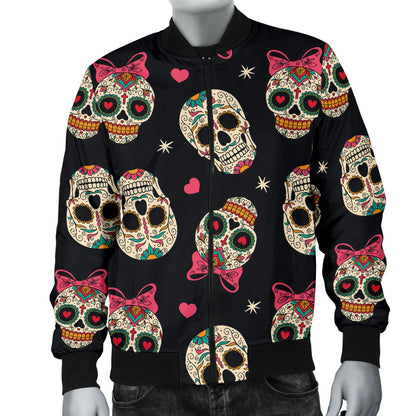 Sugar Skull Pink Bow Themed Print Men Bomber Jacket