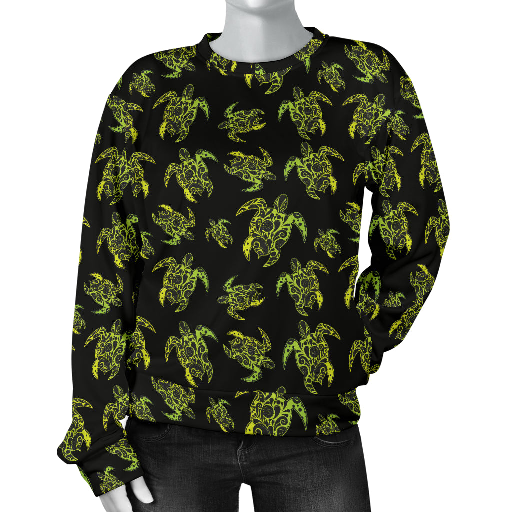 Green Tribal Turtle Polynesian Themed Women Long Sleeve Sweatshirt