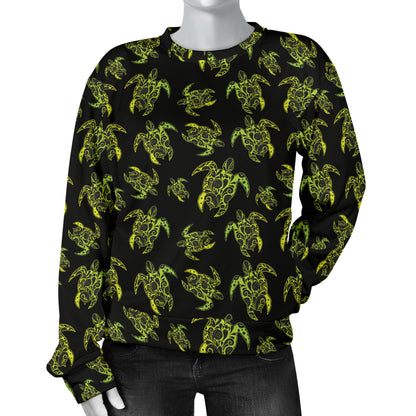 Green Tribal Turtle Polynesian Themed Women Long Sleeve Sweatshirt