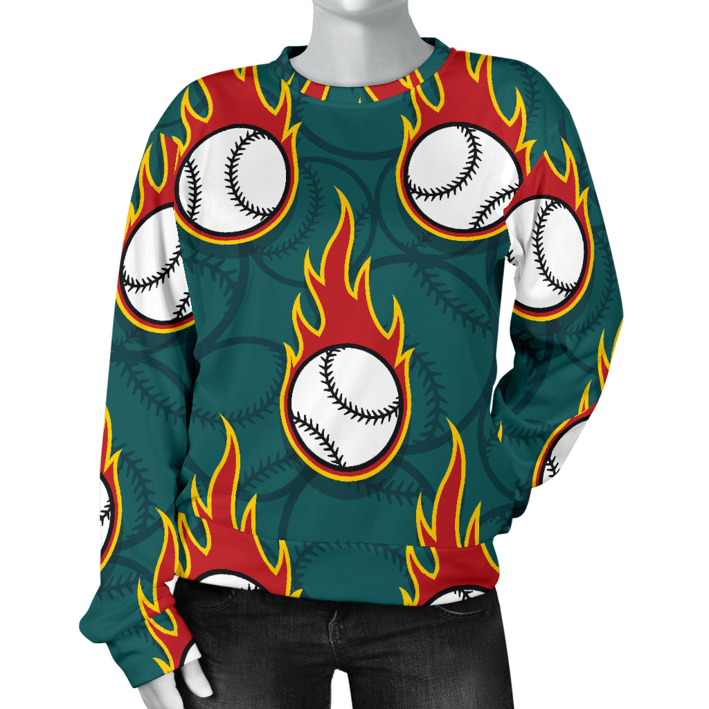 Baseball Fire Print Pattern Women Long Sleeve Sweatshirt