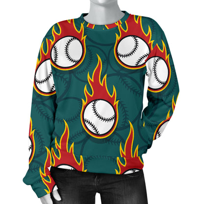 Baseball Fire Print Pattern Women Long Sleeve Sweatshirt