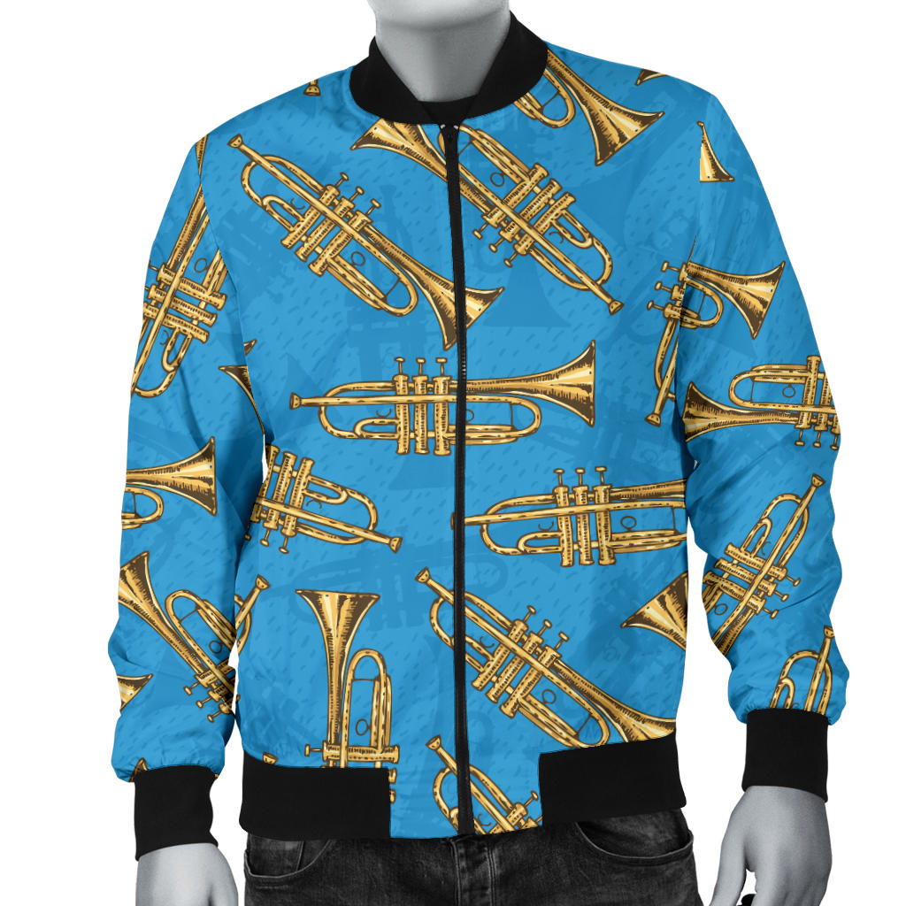 Trumpet Golden Pattern Themed Print Men Bomber Jacket