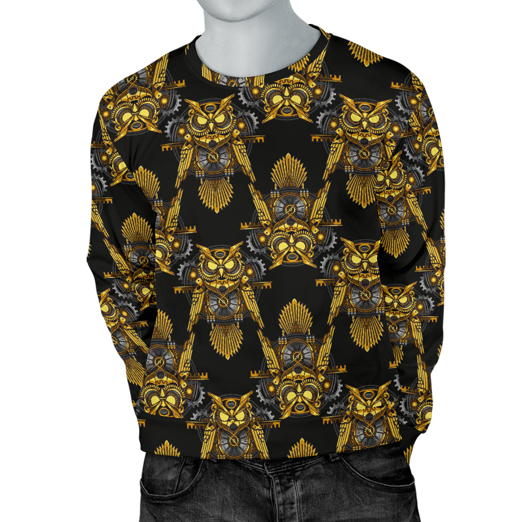 Steampunk Gold Owl Design Themed Print Men Long Sleeve Sweatshirt