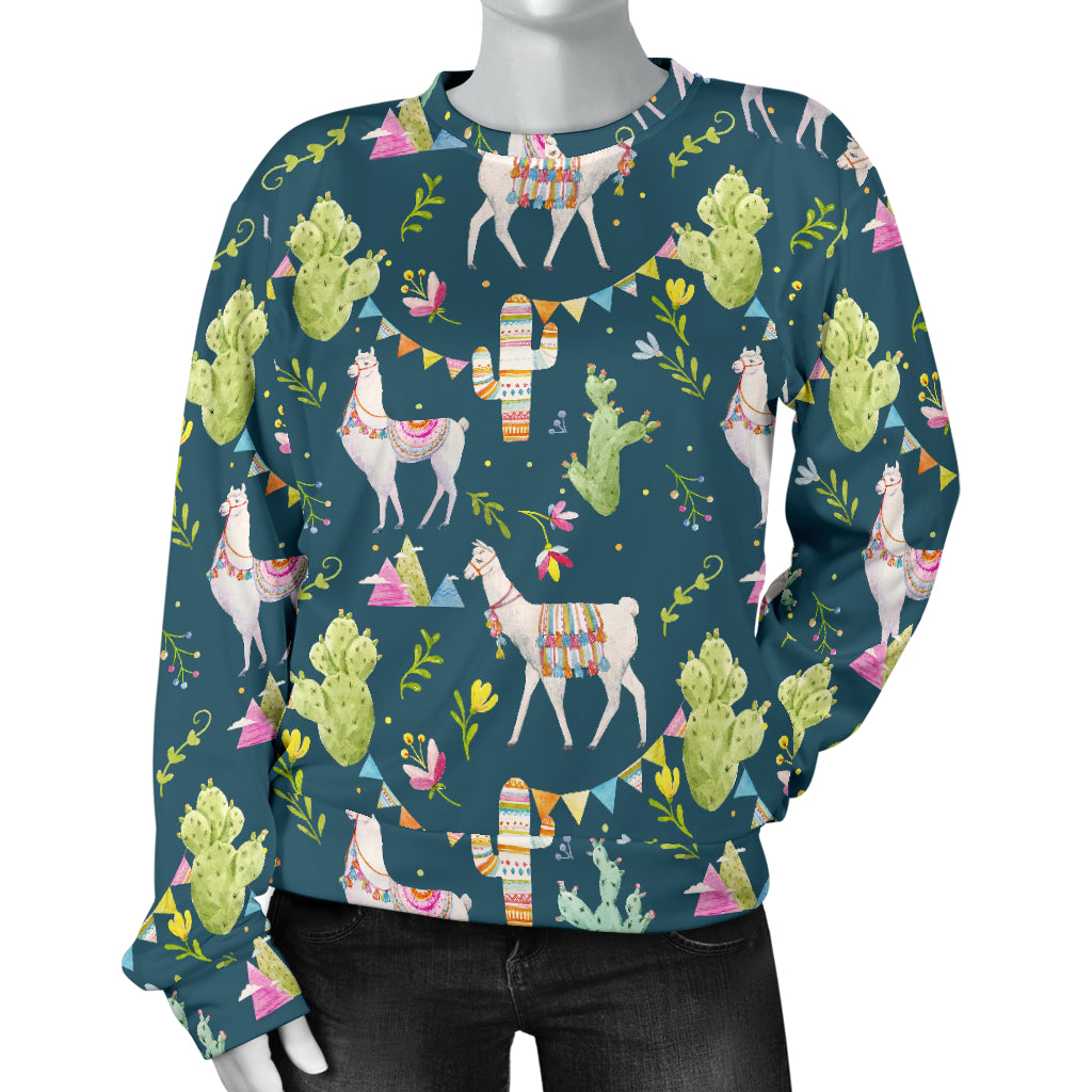 Llama with Cactus Design Print Women Long Sleeve Sweatshirt