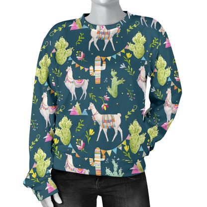 Llama with Cactus Design Print Women Long Sleeve Sweatshirt