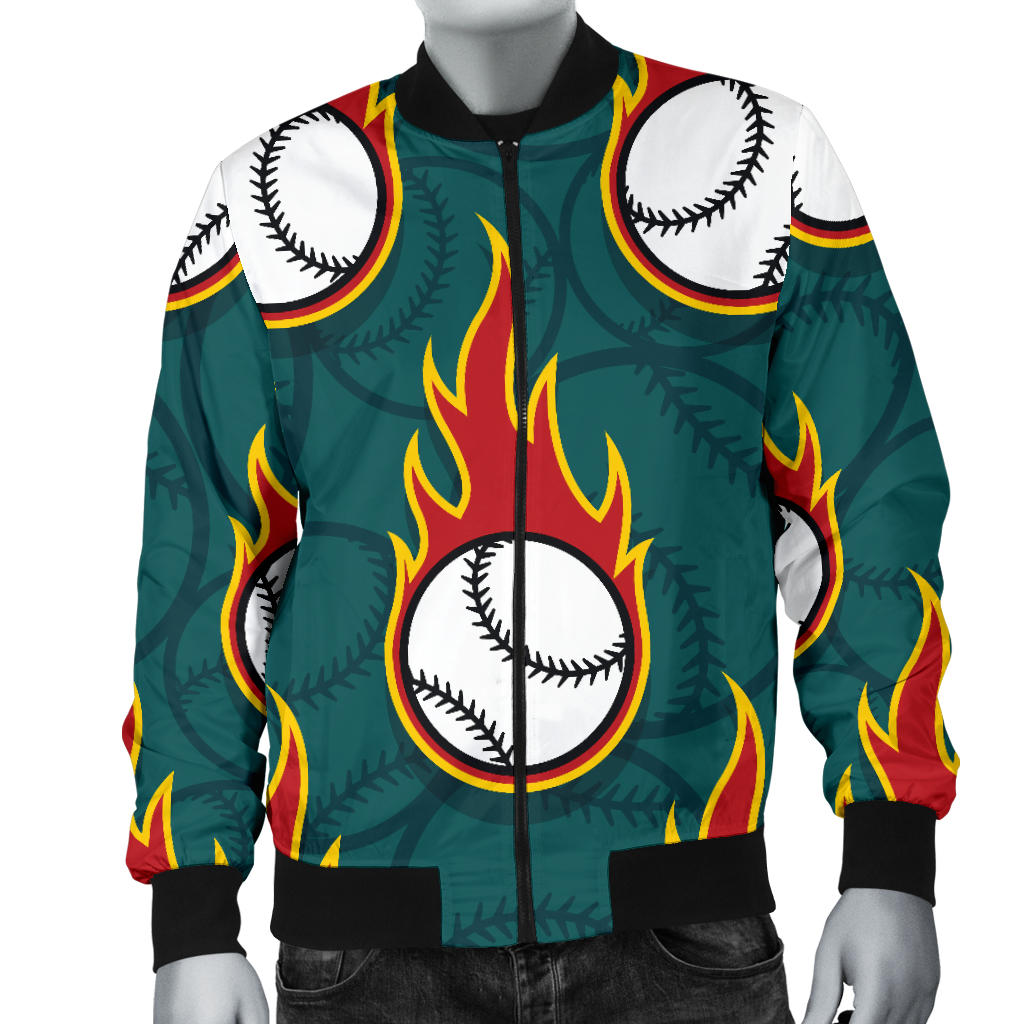 Baseball Fire Print Pattern Men Bomber Jacket