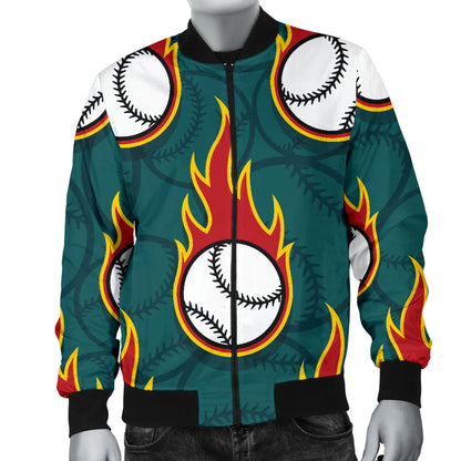 Baseball Fire Print Pattern Men Bomber Jacket