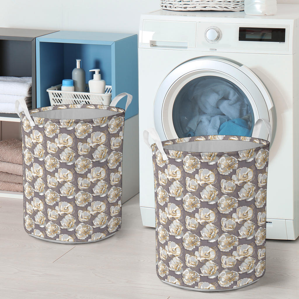 Elegant Grey Flower Print Laundry Basket