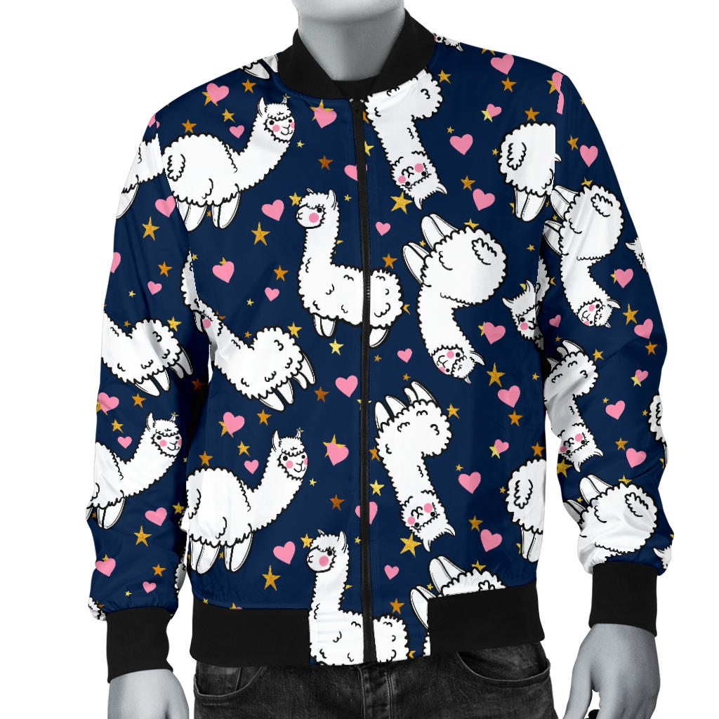 Alpaca Heart Star Design Themed Print Men Bomber Jacket