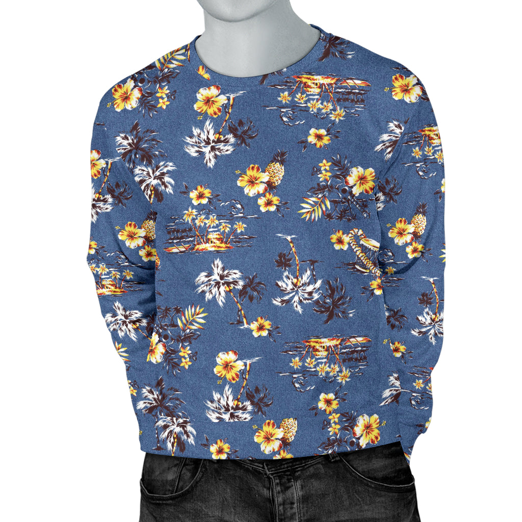 Hawaiian Flower Blue Print Men Long Sleeve Sweatshirt
