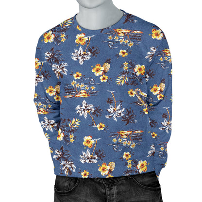 Hawaiian Flower Blue Print Men Long Sleeve Sweatshirt