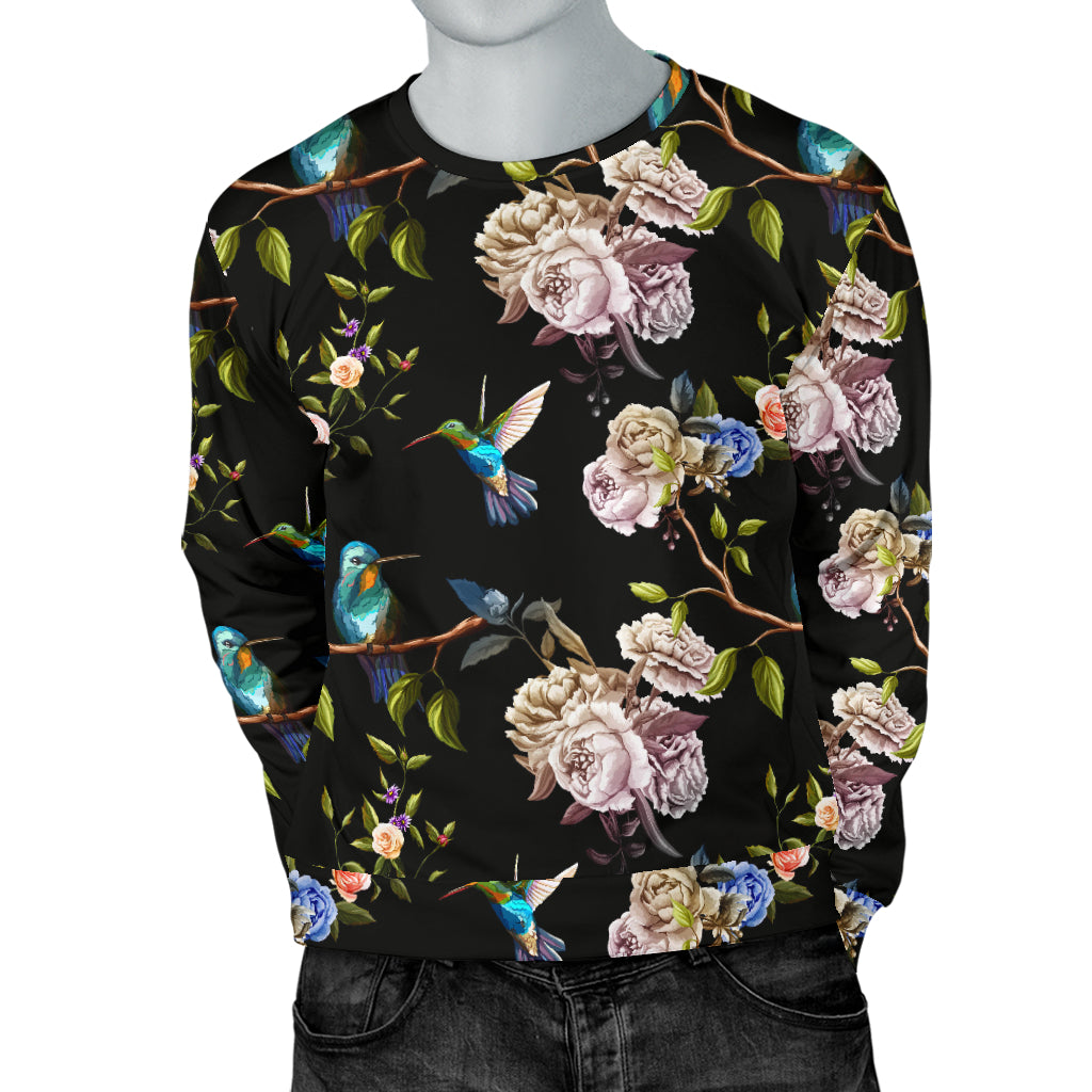Hummingbird Flower Themed Print Men Long Sleeve Sweatshirt