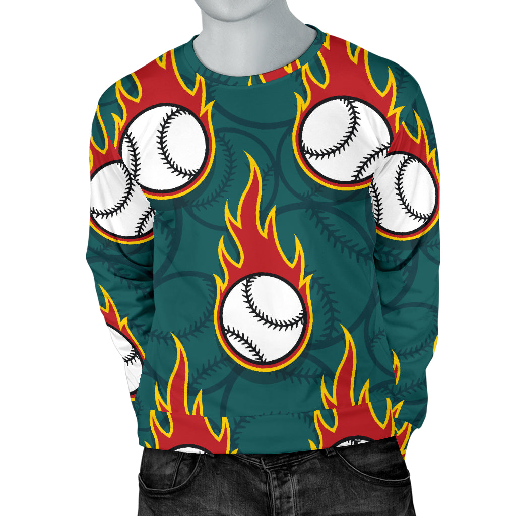 Baseball Fire Print Pattern Men Long Sleeve Sweatshirt