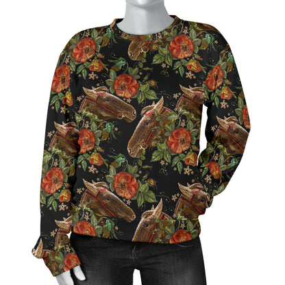 Horse Embroidery with Flower Design Women Long Sleeve Sweatshirt