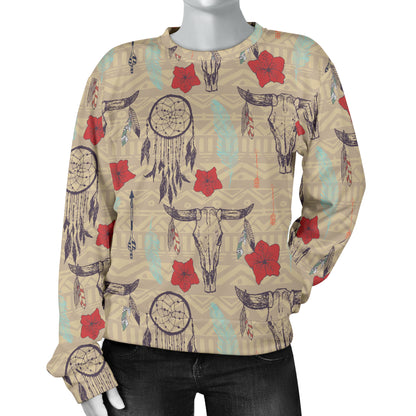 Native Buffalo Head Themed Design Print Women Long Sleeve Sweatshirt