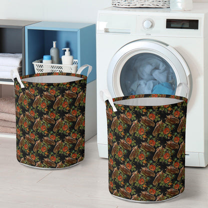 Horse Embroidery with Flower Design Laundry Basket