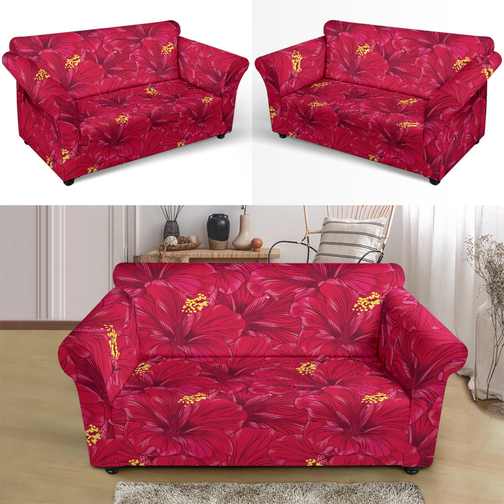 Hibiscus Red Pattern Print LKS308 Loveseat Couch Slipcover