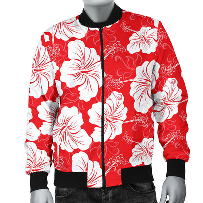 Flower Hawaiian Hibiscus Red Background Print Men Bomber Jacket