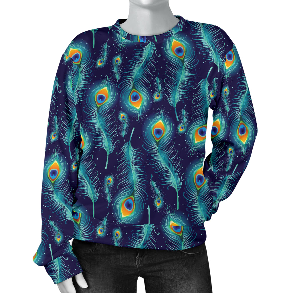 Peacock Feather Blue Design Print Women Long Sleeve Sweatshirt