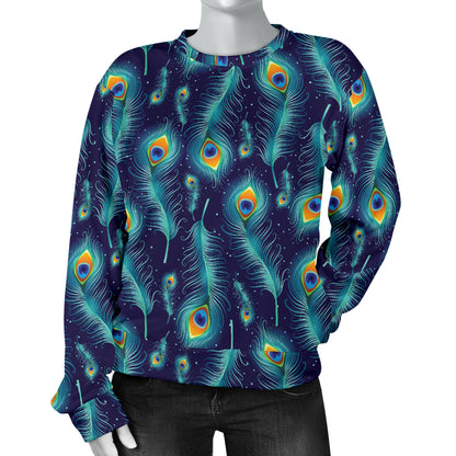 Peacock Feather Blue Design Print Women Long Sleeve Sweatshirt