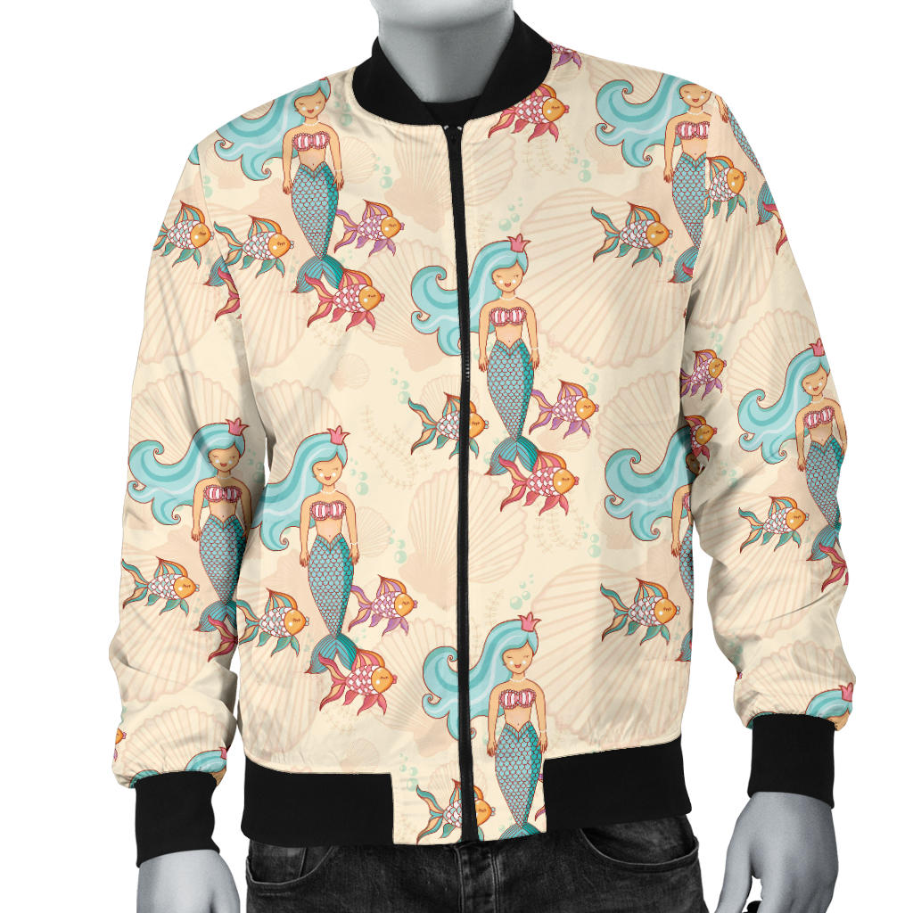 Mermaid Girl With Fish Design Print Men Bomber Jacket