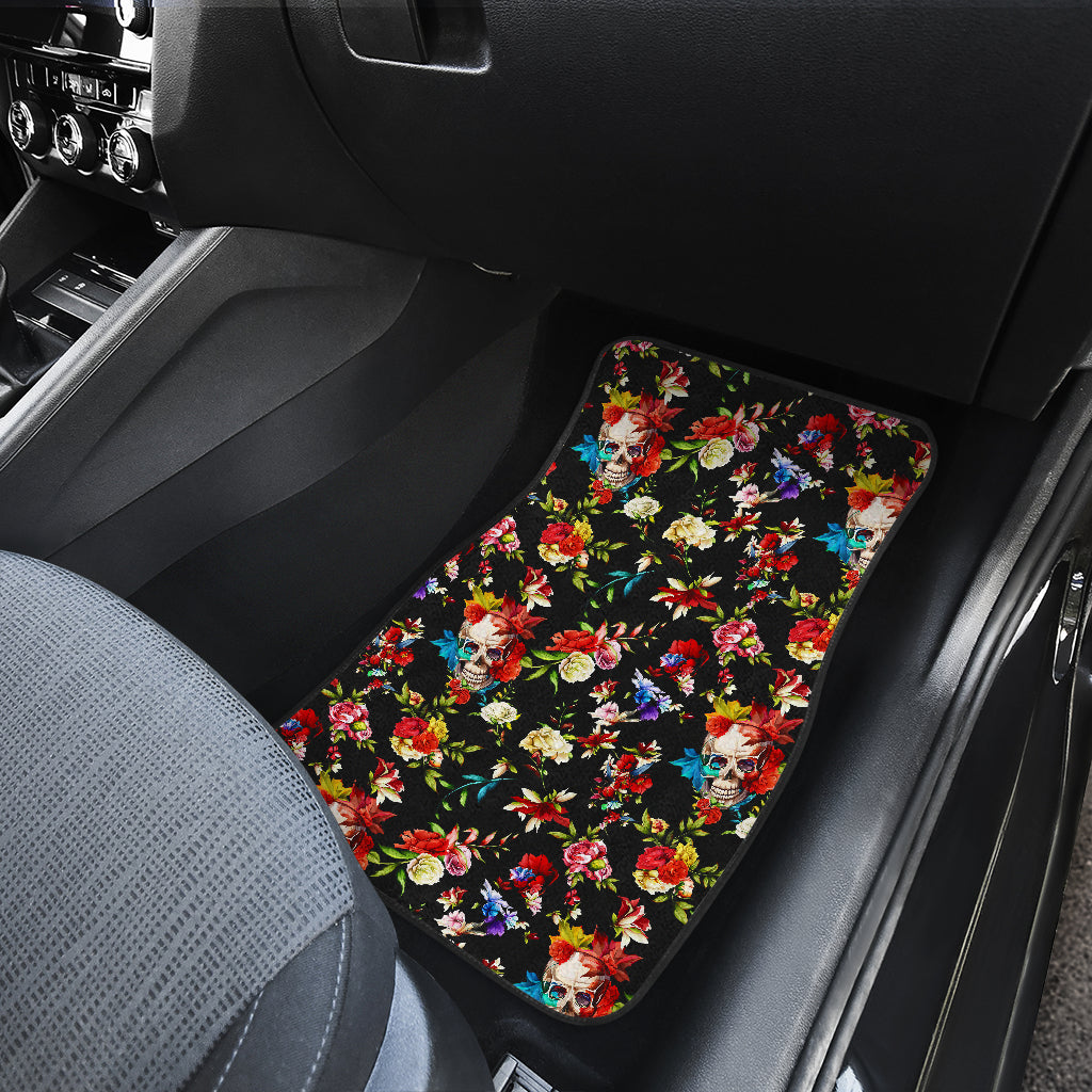Skull Roses Flower Design Themed Print Car Floor Mats Front Back