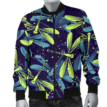 Dragonfly Lime Blue Print Pattern Men Bomber Jacket