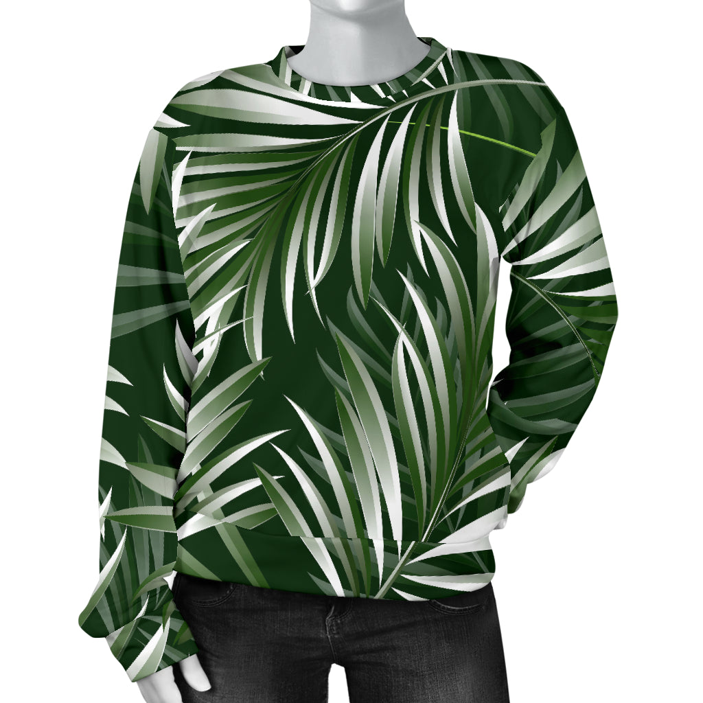 White Green Tropical Palm Leaves Women Long Sleeve Sweatshirt