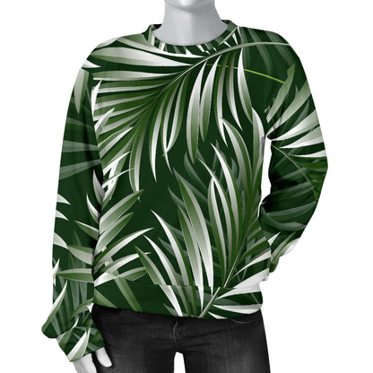 White Green Tropical Palm Leaves Women Long Sleeve Sweatshirt