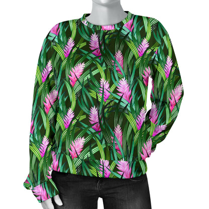 Tropical Folower Pink Heliconia Print Women Long Sleeve Sweatshirt