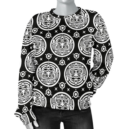 Calendar Aztec White Black Print Pattern Women Long Sleeve Sweatshirt