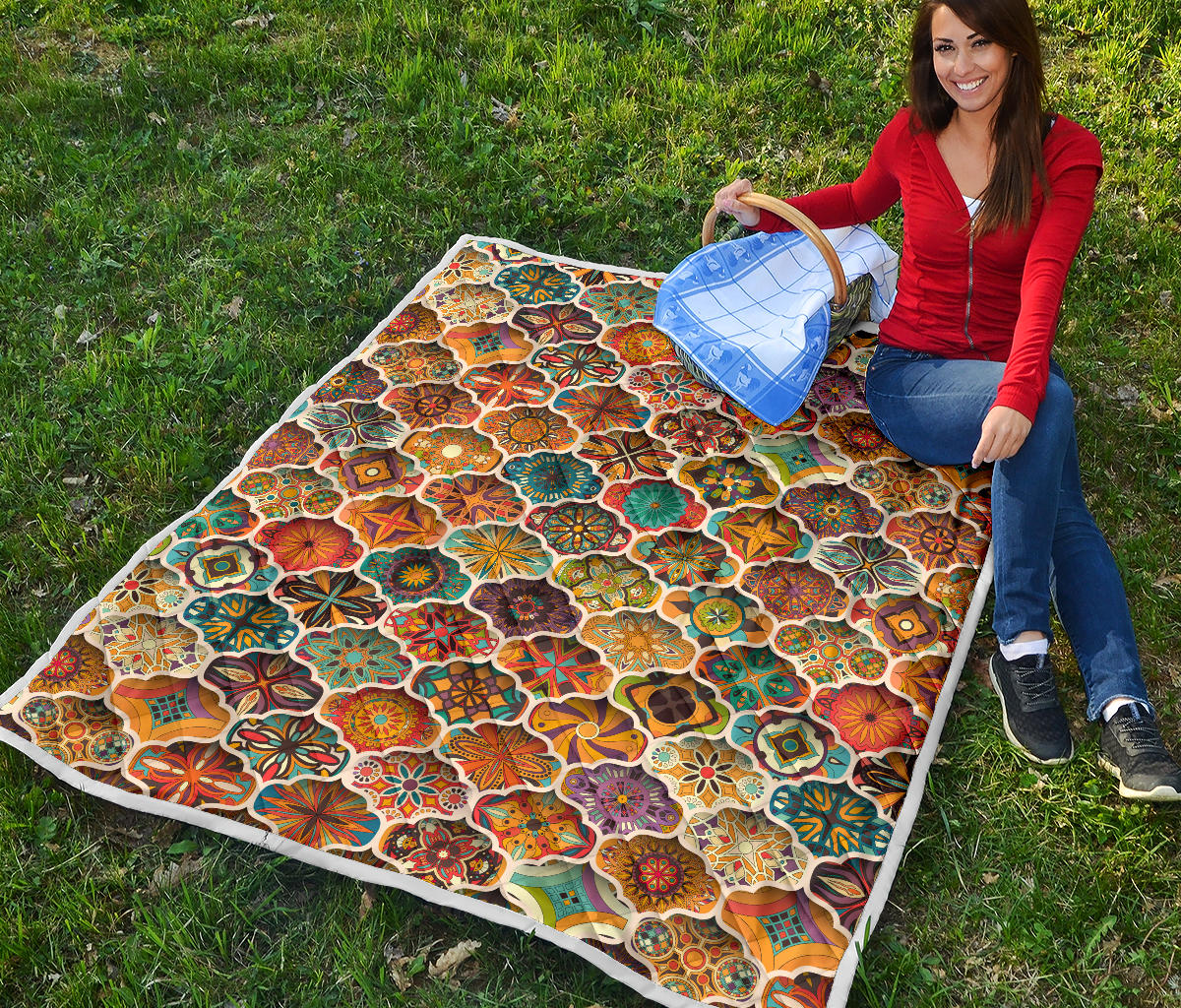 Mandala Mosaic Themed Design Print Quilt Bedspread