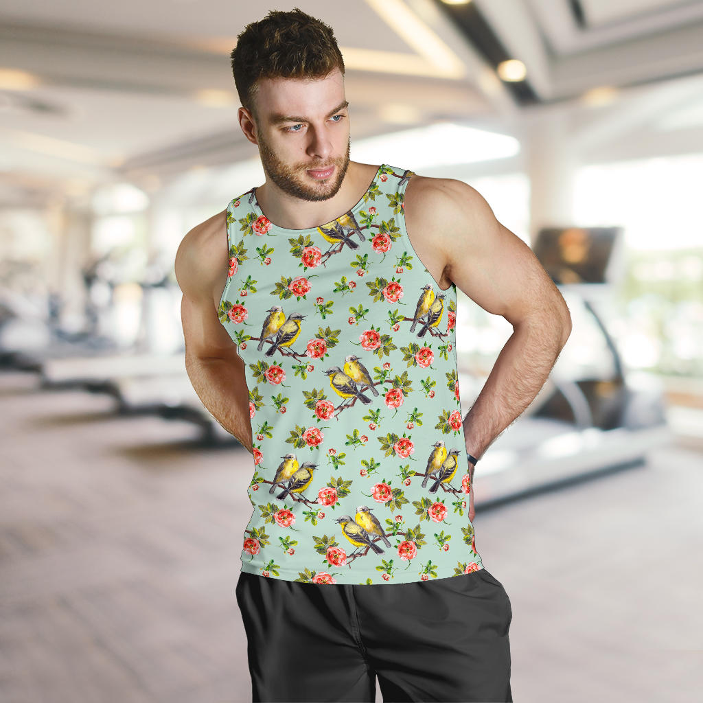 Bird with Red Flower Print Pattern Men Tank Top