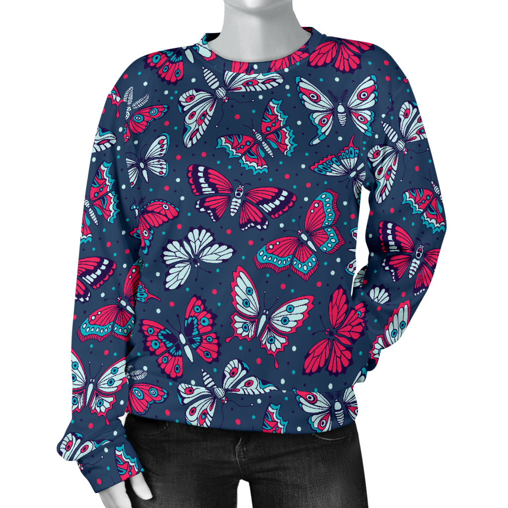 Butterfly Red Deep Blue Print Pattern Women Long Sleeve Sweatshirt