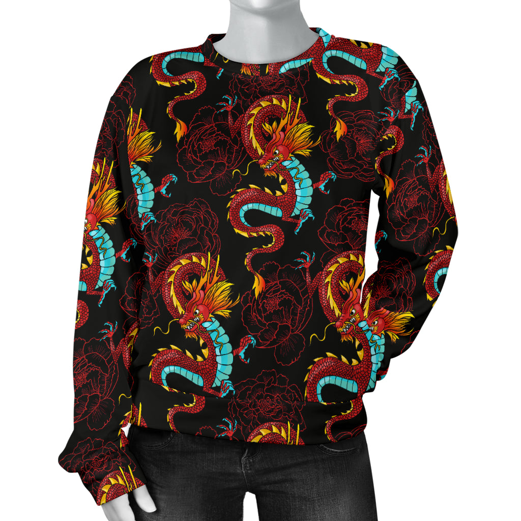 Chinese Dragons and Peonies Design Women Long Sleeve Sweatshirt