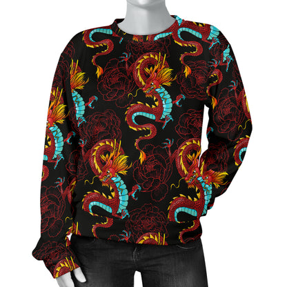 Chinese Dragons and Peonies Design Women Long Sleeve Sweatshirt